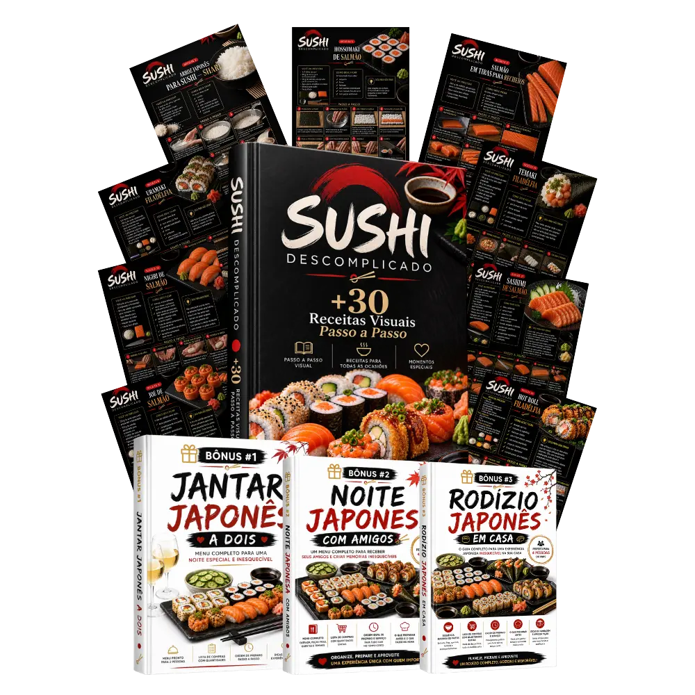 Mockup do Pacote Completo Sushi Descomplicado com os três bônus