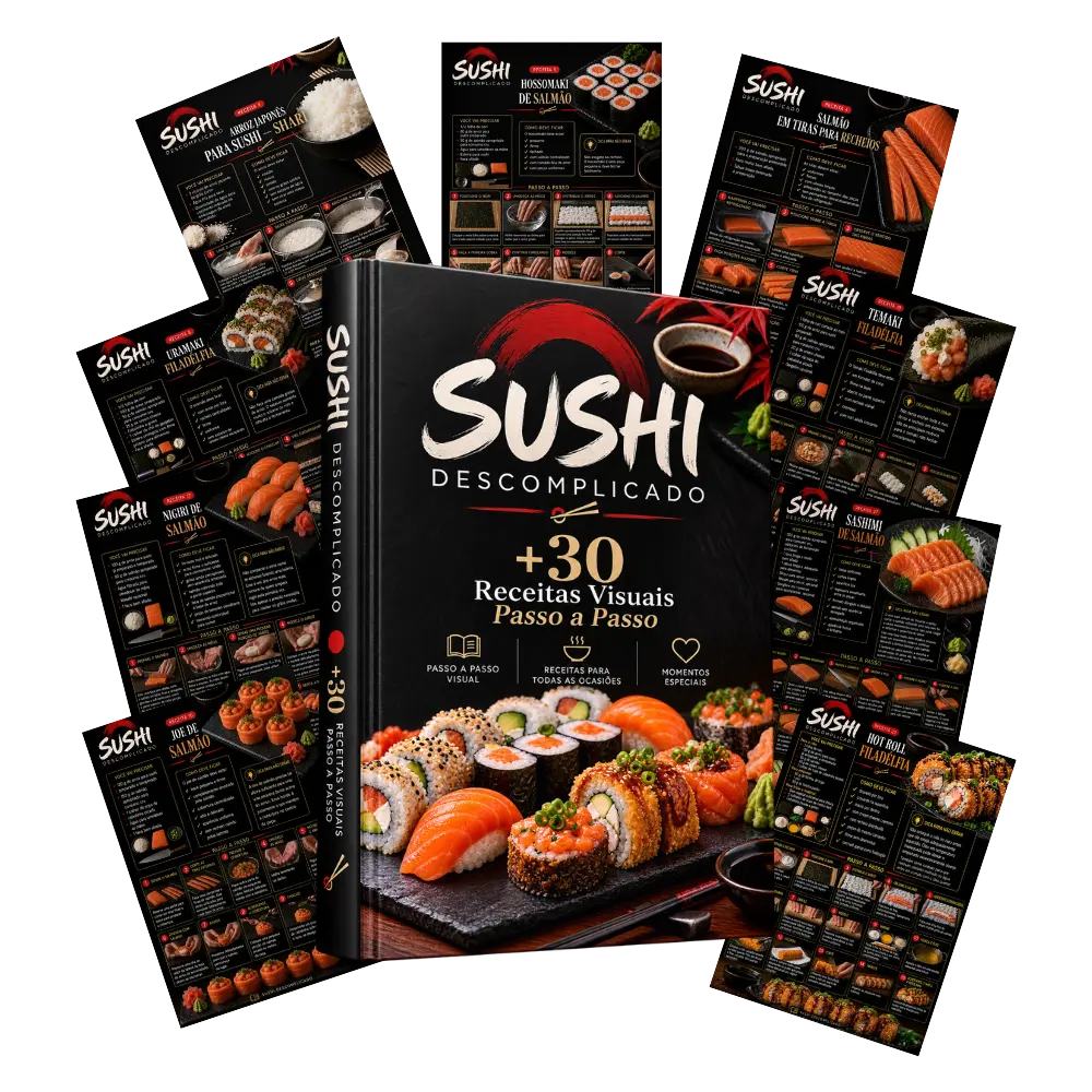 Mockup do Sushi Descomplicado com mais de 30 receitas visuais