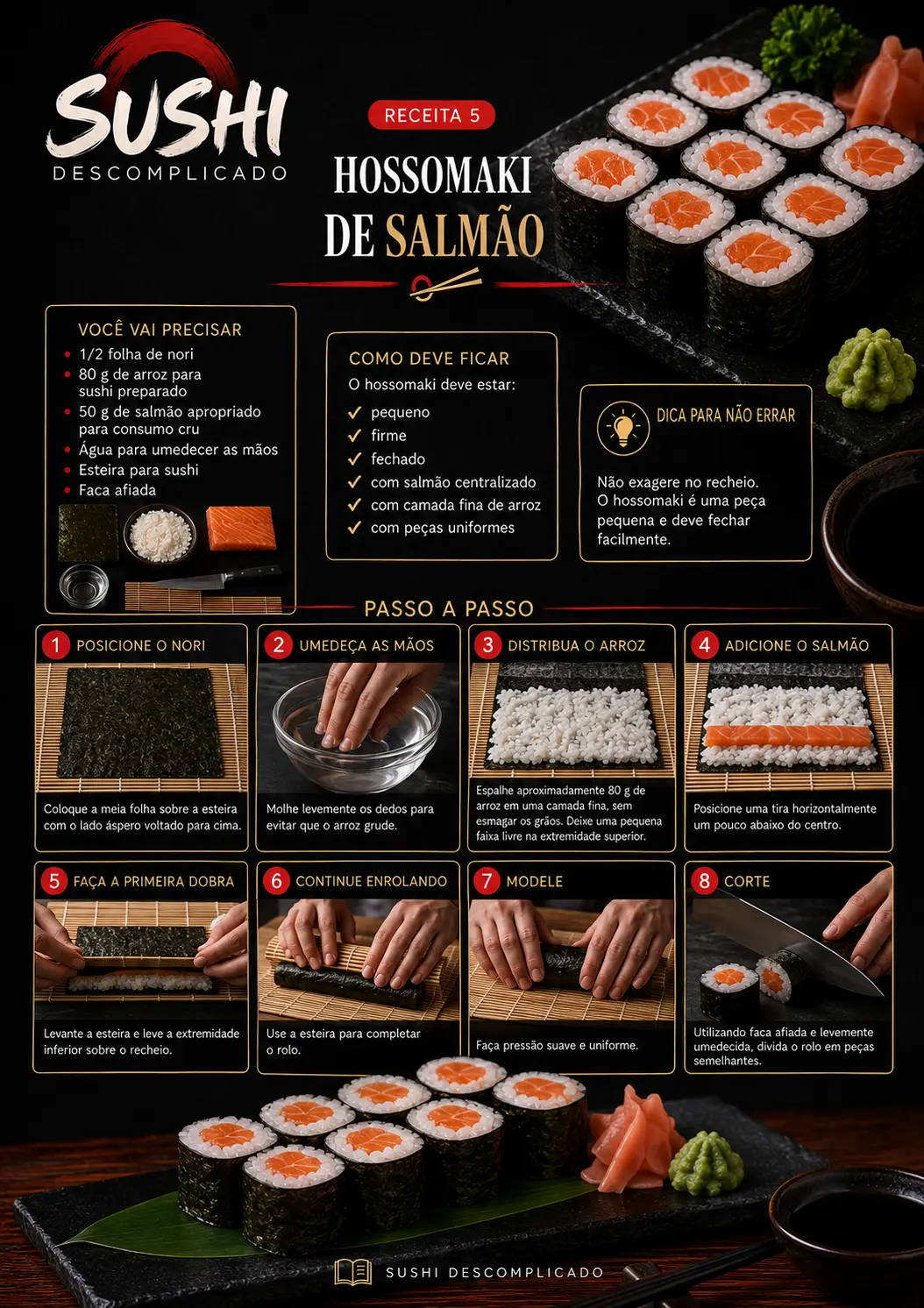 Receita visual de hossomaki de salmão