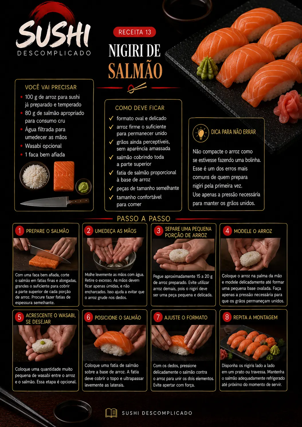 Receita visual de nigiri de salmão