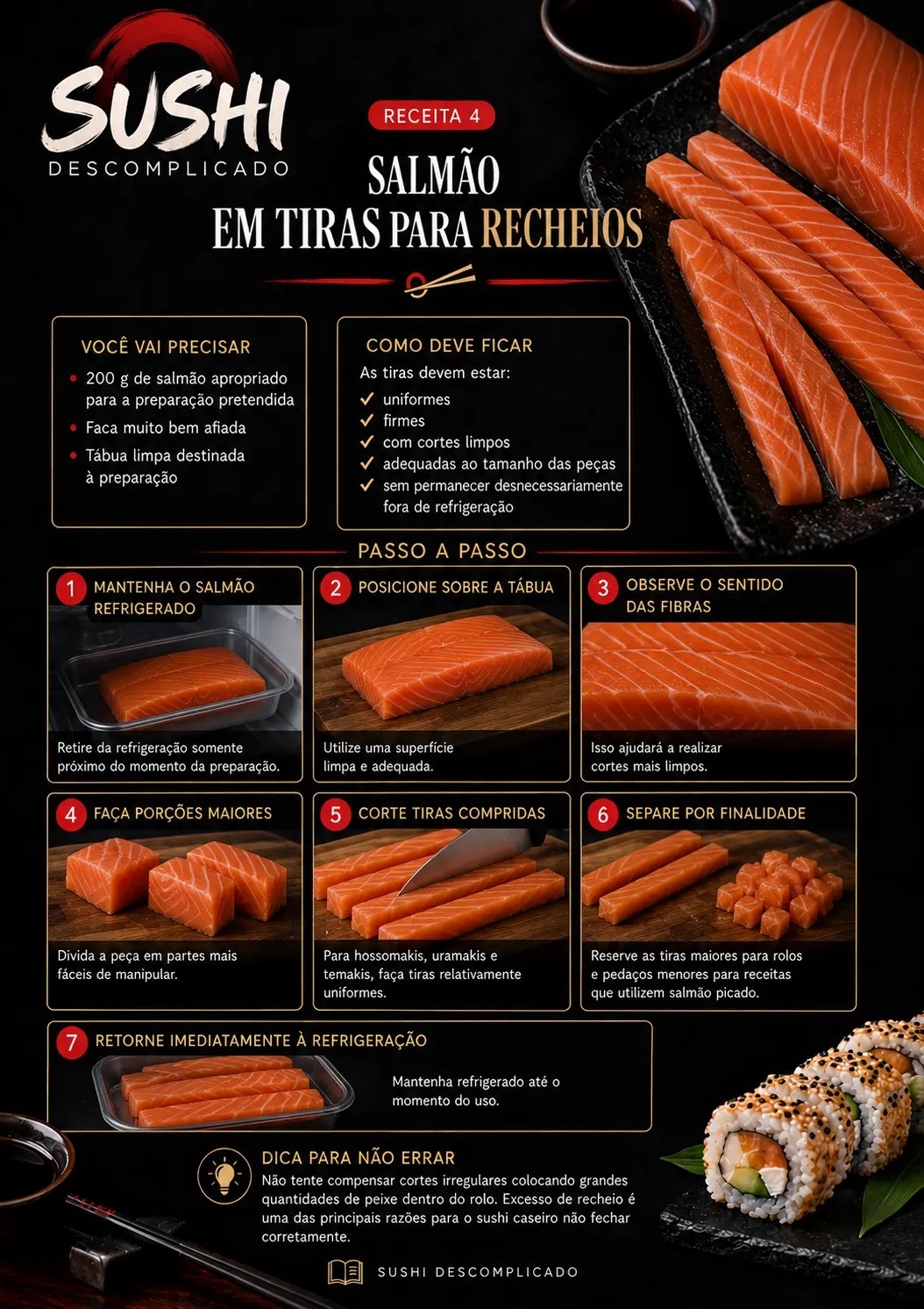 Receita visual de salmão em tiras para recheios