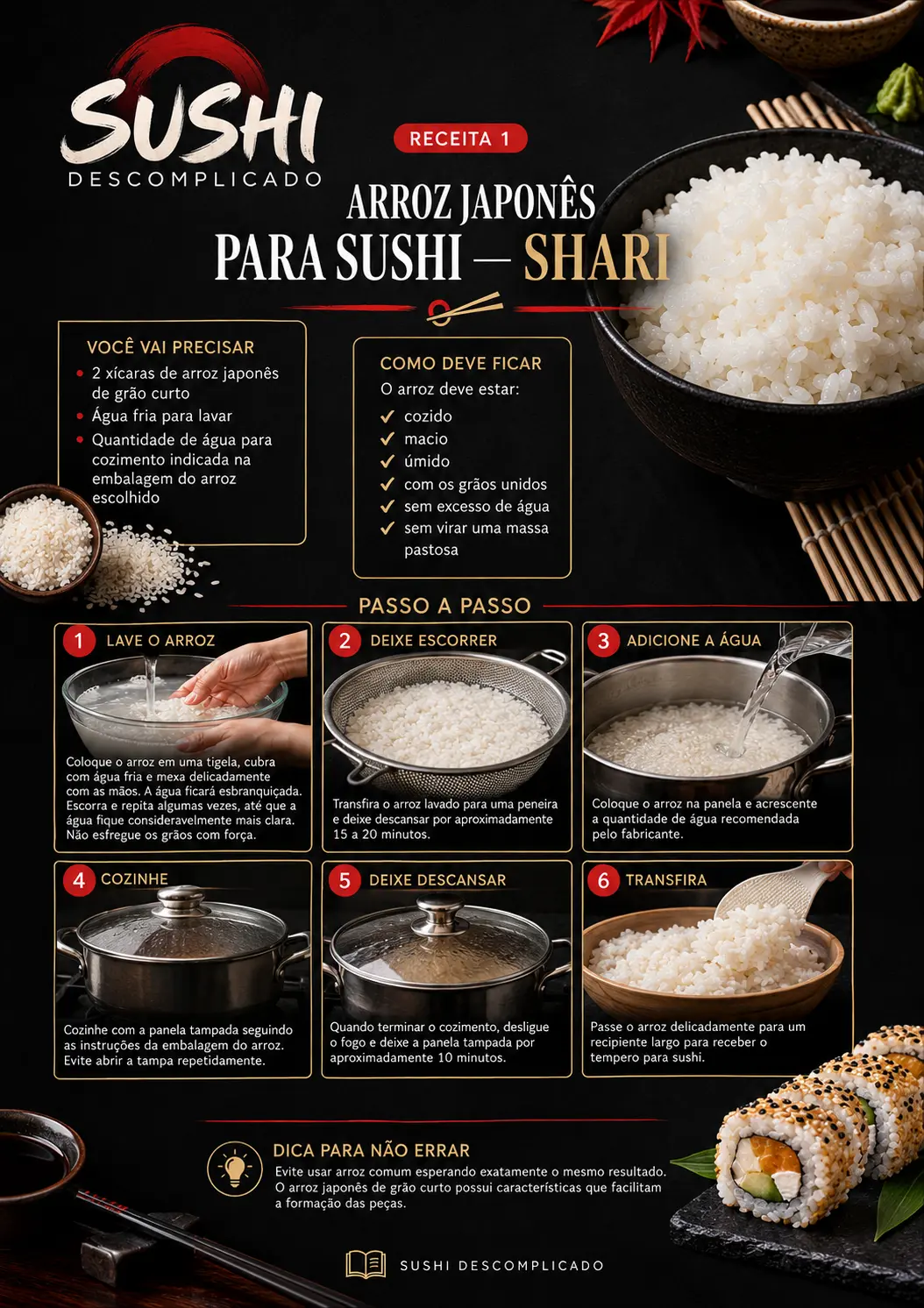 Receita visual de arroz japonês para sushi — Shari